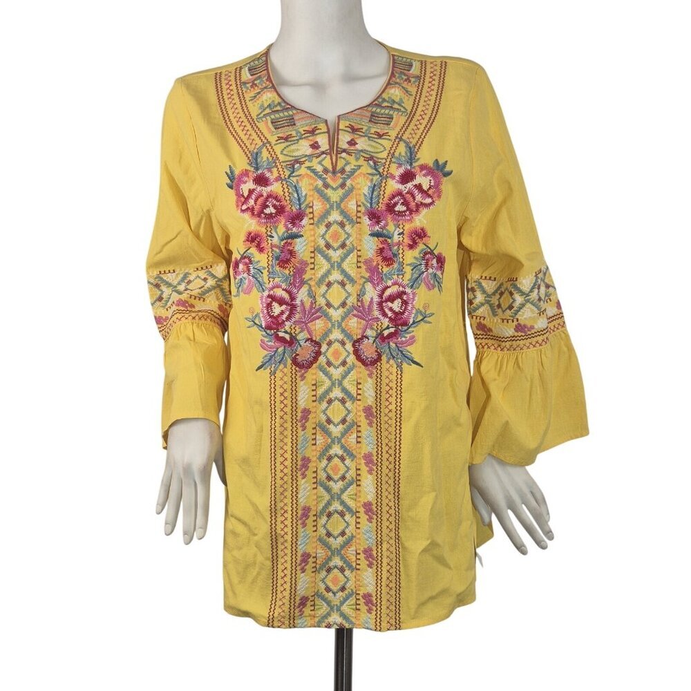 Calessa Women's Blouse Size L Boho  V-Neck Long Sleeve Yellow Embroidered (53)
